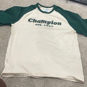 Champion Men's Long Sleeve Tee in Green and Cream